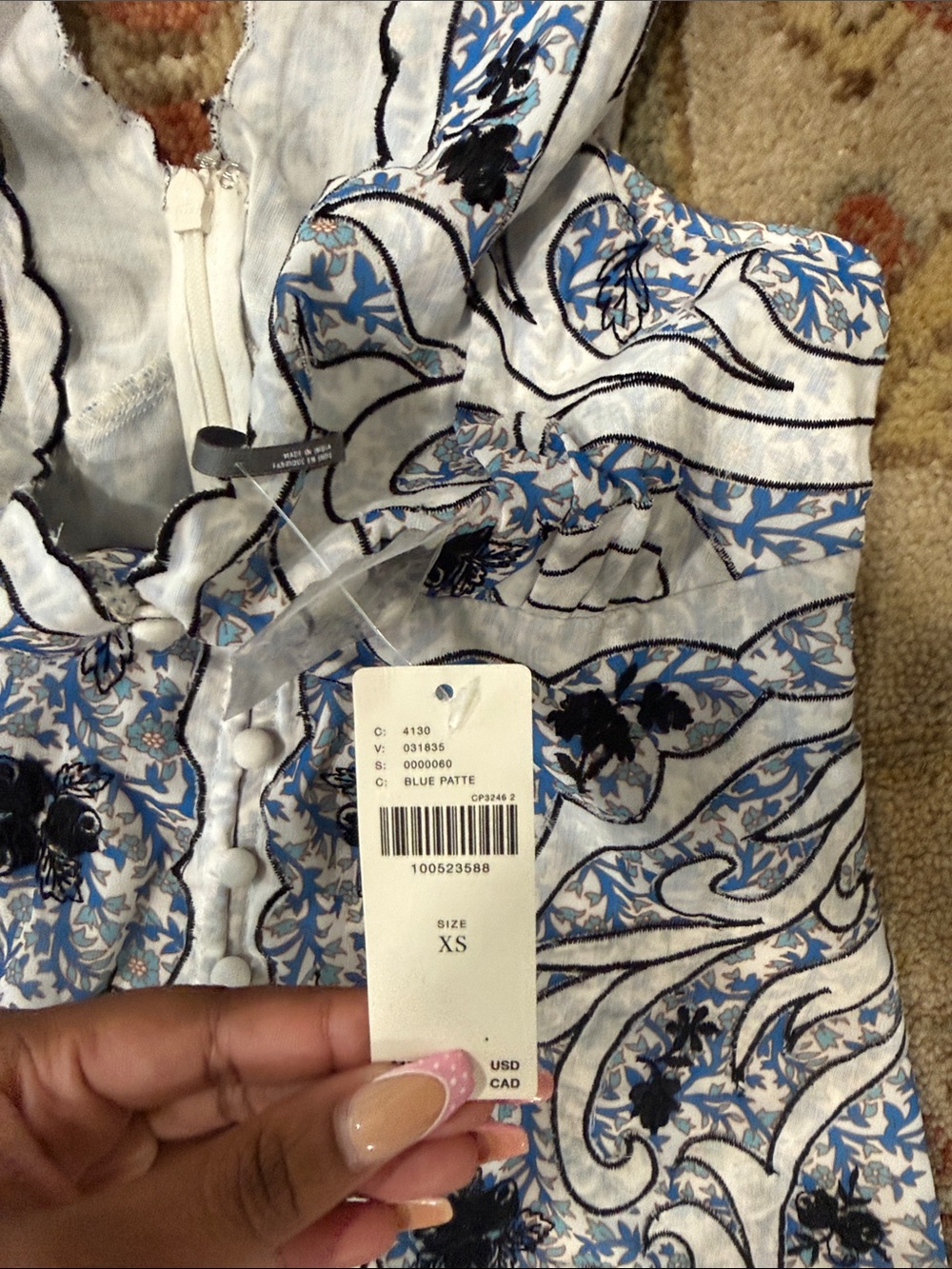 Anthropologie Blue and White Paisley Tiered V-Neck Mini Dress - Picture 2 of 3